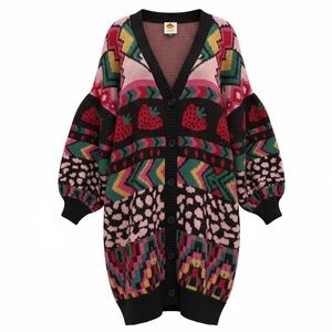 FARM RIO Oversized Knit Cardigan Sweater  Multicolor Strawberry Print Wool Blend